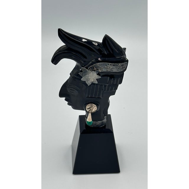 1960s Handcrafted Taxco Mexico Obsidian & 925 Silver Mayan King Pakal Bust Sculpture For Sale - Image 5 of 8