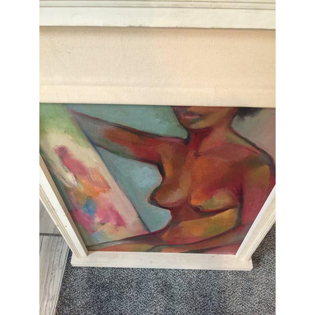 1970s Abstract Nude in Window Sill Frame With Canvas Window Shade Painting For Sale - Image 9 of 11