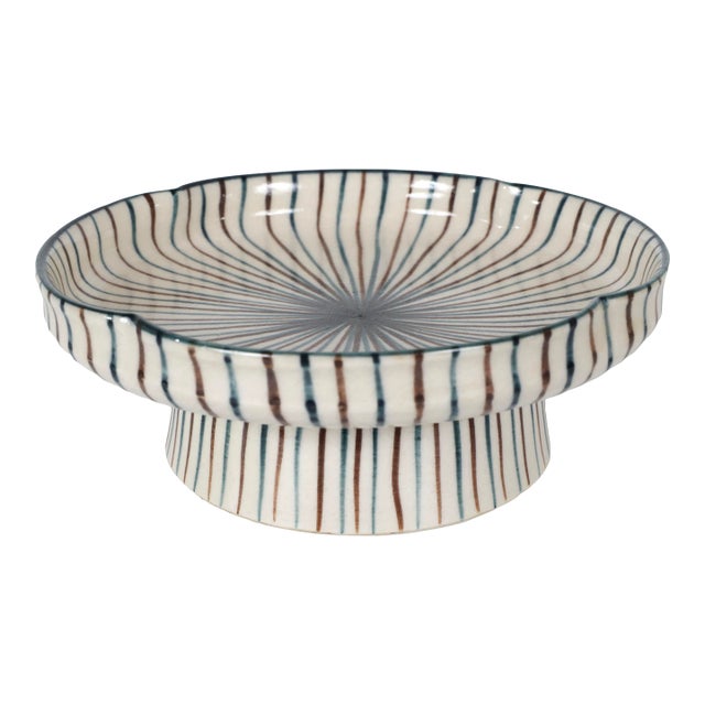 MCM Japandi Style Hand Painted Ceramic Pedestal Bowl Catchall For Sale