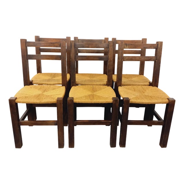 Vintage Brutalist Chairs in Oak and Straw, 1960s, Set of 6 For Sale