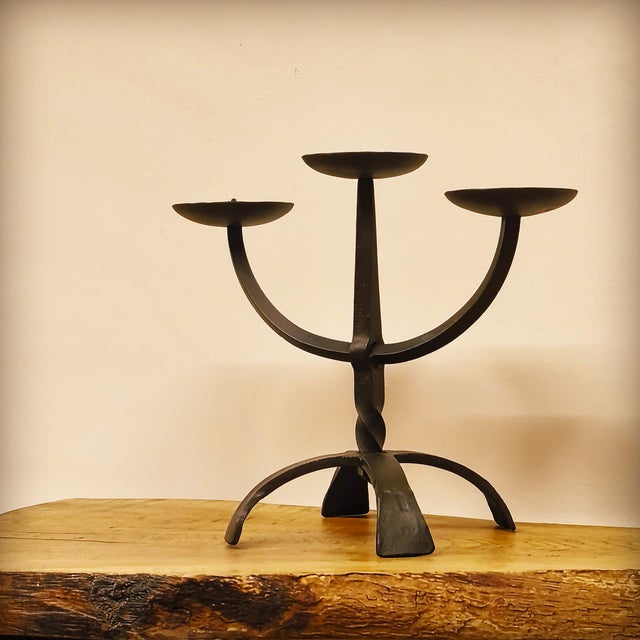 1960s Brutalist Three-Light Chandelier in Hammered Wrought Iron, France, 1960s For Sale - Image 5 of 16