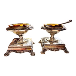 Circa 1986 Vintage Neiman Marcus Godinger Silver-Plate Salt Cellars with Salt Spoon in Original Box - 3 Pieces For Sale