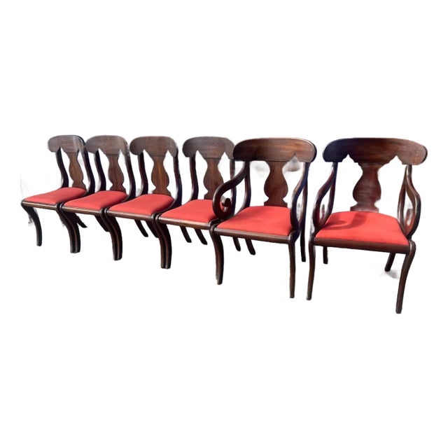 Share Set of 6 Antique Regency Style Mahogany Dining Chairs, Vase Shape Splats For Sale