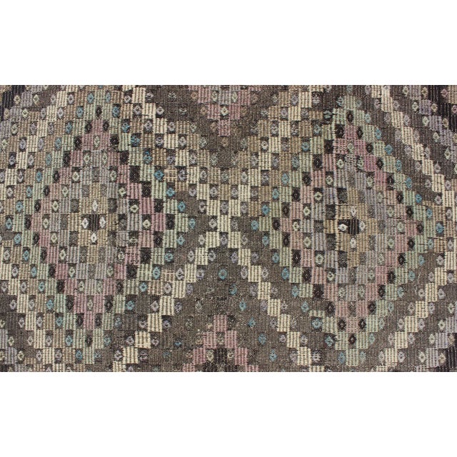 Mid 20th Century Mid 20th Century Vintage Turkish Flat Weave With Diamond Design in Gray Black Lavender & Green For Sale - Image 9 of 13