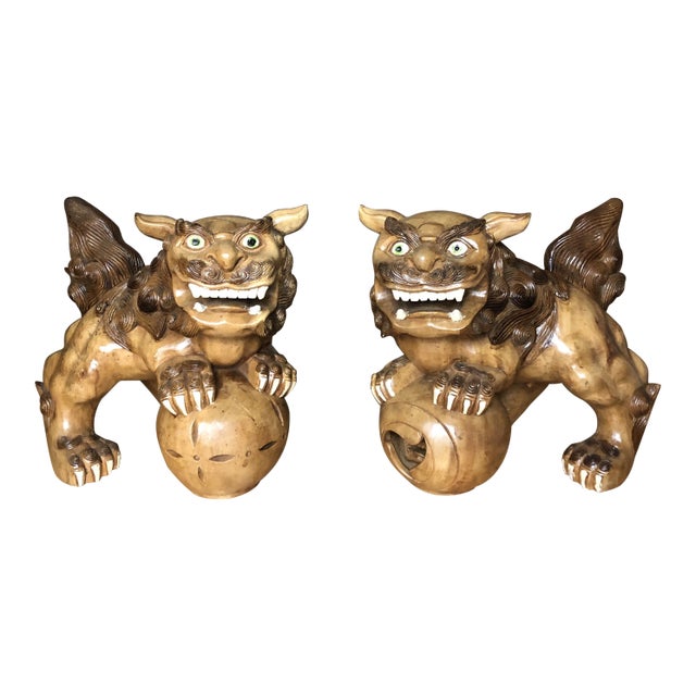 1960s Hand Carved Foo Dog Figurines For Sale
