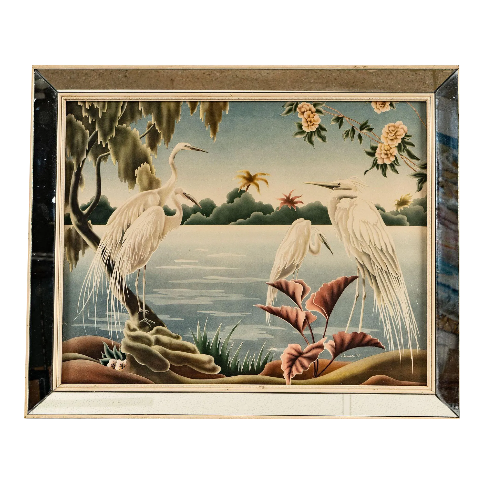 1940 Tropical Crane /Egret Scenic Print, Mirror Framed by Billy