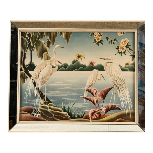 1940 Tropical Crane /Egret Scenic Print, Mirror Framed by Billy Seay for Turner For Sale