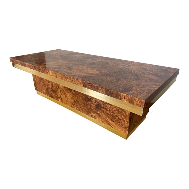 1970s Burlwood Veneer and Brass Coffee Table in the Style of Milo Baughman For Sale