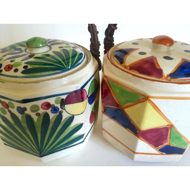 Various Artists Vintage 1930's Art Deco Japan Hand Painted Porcelain Handled Ceramic Biscuit Barrel Jars - Set of 2 For Sale - Image 4 of 13