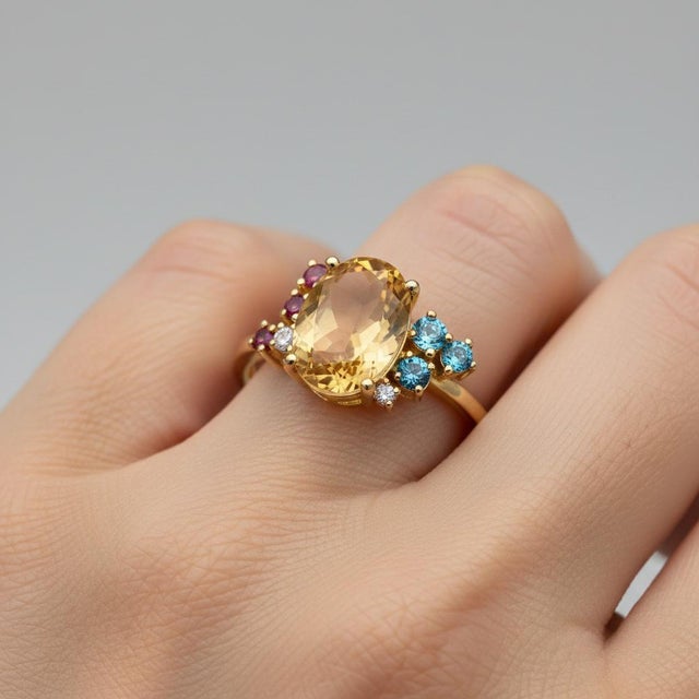 Citrine multicolor ring in 14k gold. Citrine oval cabochon ring. Yellow gemstone cocktail ring. Metal: 14k gold Weight: 3...