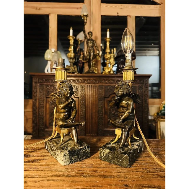 C1820 French Regency Gilt & Patinated Bronze Cherub Candlesticks Now Table Lamps - Auction Prov. A - Pair For Sale - Image 10 of 11