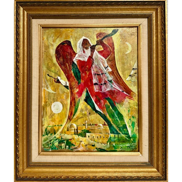 Marc Klionsky, Post Soviet Russian Jewish Oil Painting Marc Klionsky Jerusalem Angel & Shofar, 1978 For Sale