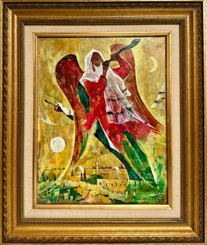 Marc Klionsky, Post Soviet Russian Jewish Oil Painting Marc Klionsky Jerusalem Angel & Shofar, 1978