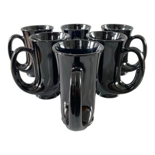 Vintage Black Glass Trumpet Mugs by Tiara Glass - Set of 6 For Sale
