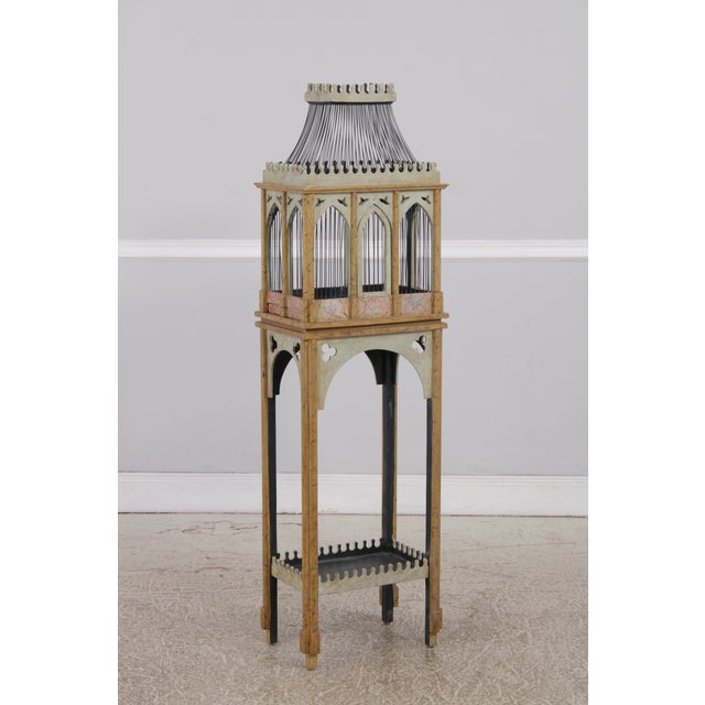 Gothic Neo-Gothic Painted Wood & Wire Birdcage on Stand For Sale - Image 3 of 13