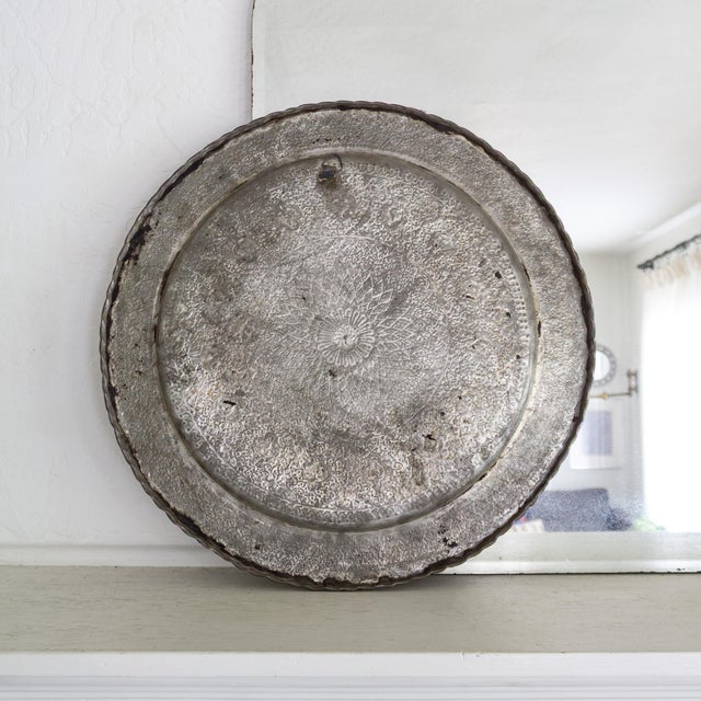 Tin on Copper Hand Engraved Round Ghalamzani Persian Tray For Sale - Image 11 of 11