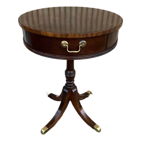 Vintage Federal Style Inlaid Mahogany Pedestal Drum Side Table by Tradition Hoiuse For Sale