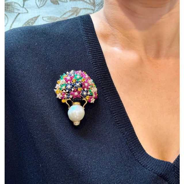 Estate Ruby Sapphire Emerald Diamond & Pearl 18 K Gold Flower Basket Brooch/ pin For Sale - Image 13 of 18