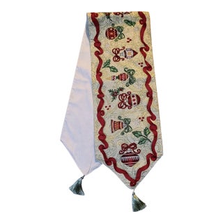 Vintage Embroidered Christmas Table Runner With Tassels For Sale
