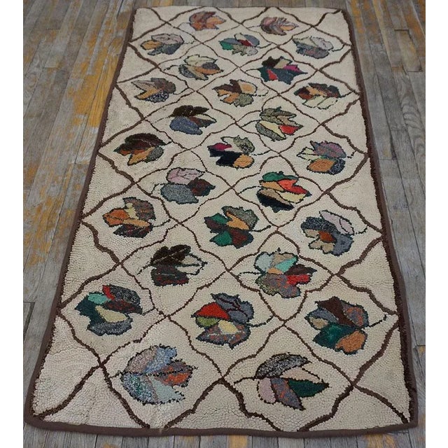Native American 1920s Tan Beige Symmetrical Floral Folk Art Antique American Hooked Rug For Sale - Image 3 of 11