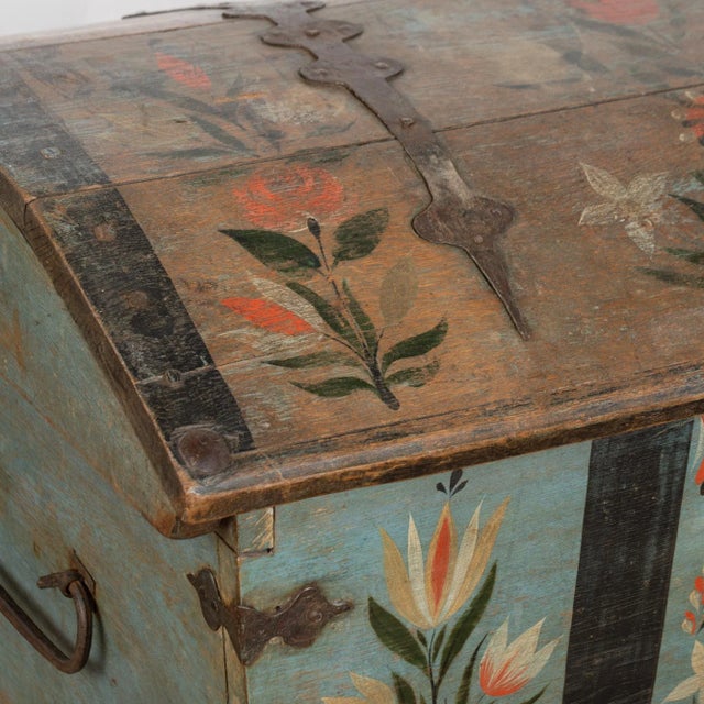 Early 19th Century Original Blue Painted Swedish Dome Top Oak Trunk Dated 1827 For Sale - Image 6 of 14