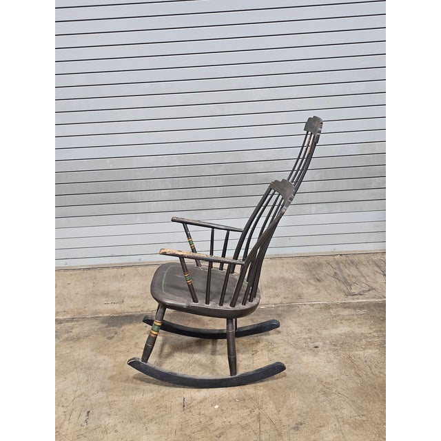 Antique Windsor Hitchcock Style Rocking Arm Chair Black Finish Bench Made For Sale - Image 9 of 9