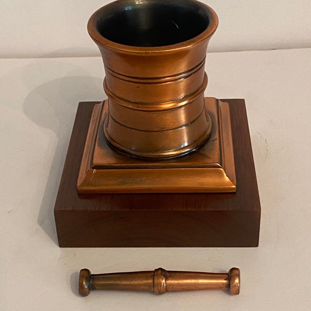 Wood 1950’s Solid Bronze Apothecary Mortar and Pestle Mounted on Solid Walnut Presentation Base. For Sale - Image 7 of 13