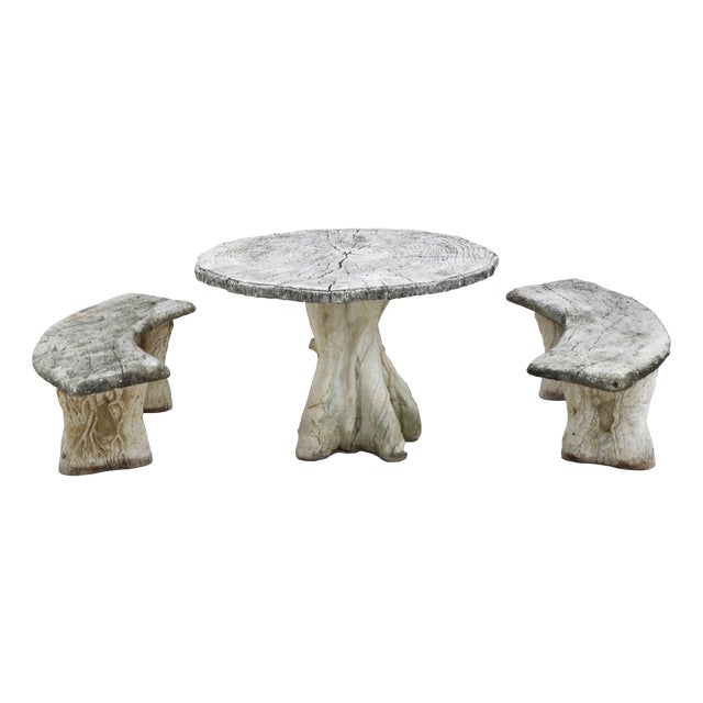 French Faux Bois Garden Table and Benches, 1960s, Set of 3 For Sale