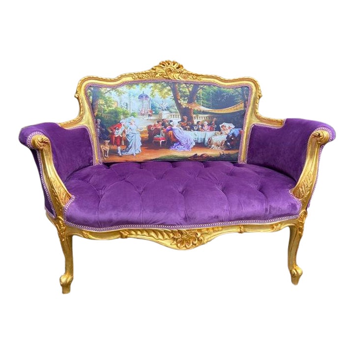 French Louis XVI Style Settee With Gold Beech and Purple Tufted Velvet