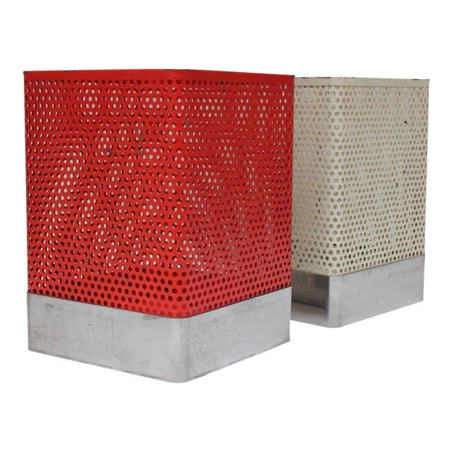 Set of Two Vintage White and Cream Perforated Wastebaskets After Mathieu Matégot For Sale