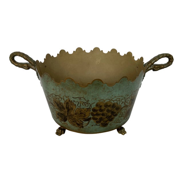 Italian Metal Green Planter With Grape Design and Two Handles For Sale