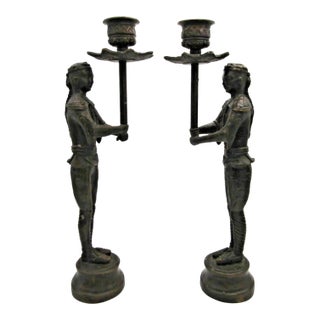 Pair of Vintage Cast Bronze Siamese Soldier Candle Holders For Sale