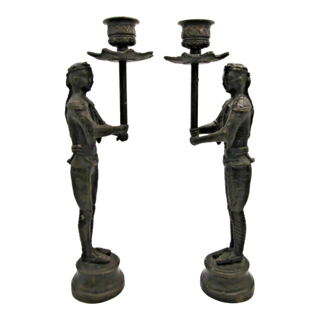 Pair of Vintage Cast Bronze Siamese Soldier Candle Holders For Sale