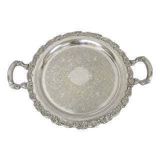 Vintage Oneida Victorian Round Silver Plated Serving Platter Tray W/ Handles For Sale