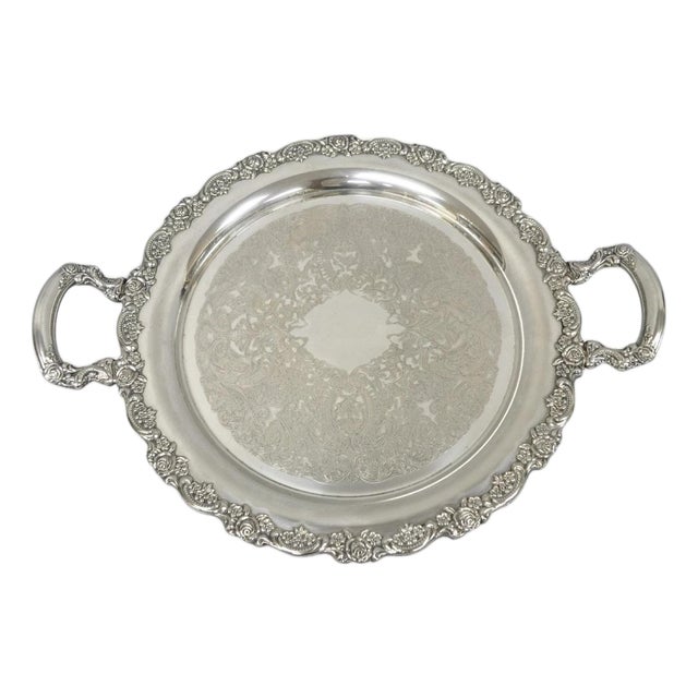 Vintage Oneida Victorian Round Silver Plated Serving Platter Tray W/ Handles For Sale