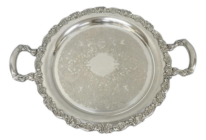 Vintage Oneida Victorian Round Silver Plated Serving Platter Tray W/ Handles