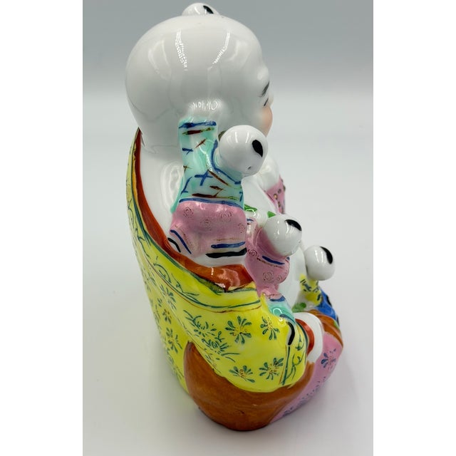 Chinese 1920s Chinese Buddha Famille Rose Porcelain Hotei Laughing Buddha W/ 5 Children For Sale - Image 3 of 8