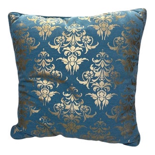 Vintage Italian Cotton Turquoise and Gold Pillow For Sale