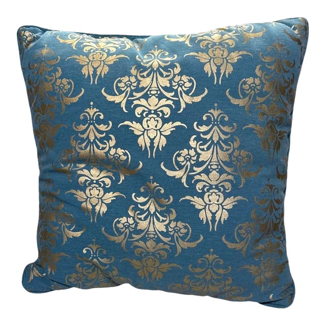 Vintage Italian Cotton Turquoise and Gold Pillow For Sale