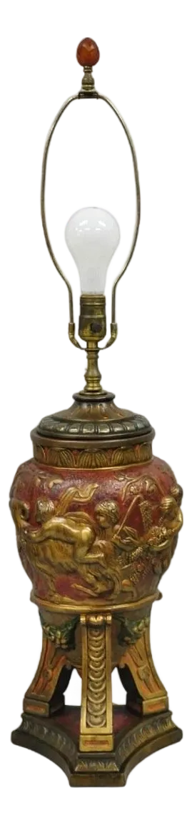 Armor Bronze Co Italian Classical Figural Cherub & Ram Polychrome Urn Table Lamp