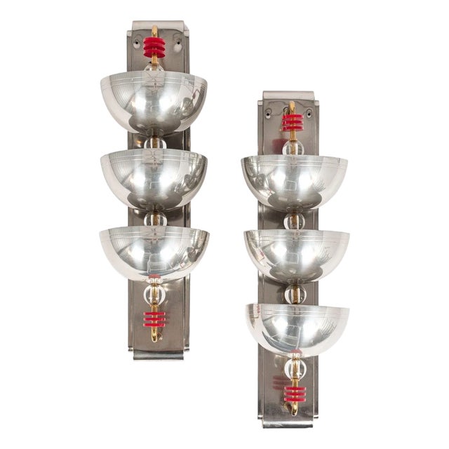 Antique Art Deco Large Silver Metal Wall Sconce Lamps, 34” For Sale