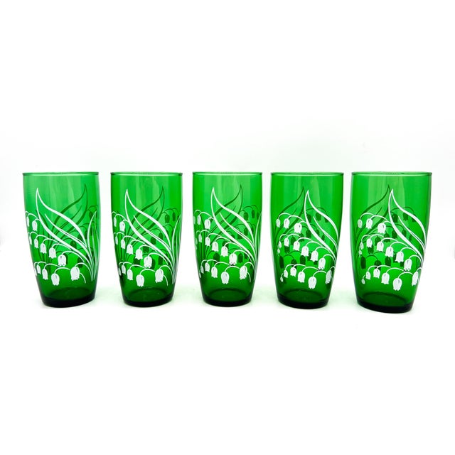 Anchor Hocking Mid Century Modern Anchor Hocking Forest Green Lily of the Valley Tumbler Glasses- Set of 5 - Botanical / Cottagecore For Sale - Image 4 of 9