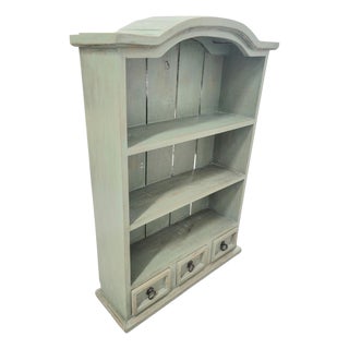 Vintage Rustic French Country Pale Green 3 Drawer Arched Distressed Wall Cabinet Shelving Unit For Sale