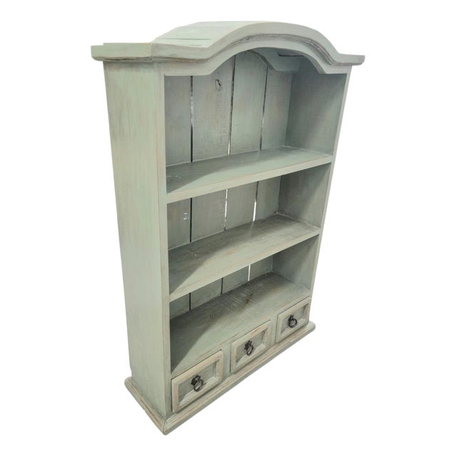 Vintage Rustic French Country Pale Green 3 Drawer Arched Distressed Wall Cabinet Shelving Unit For Sale