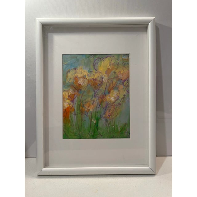 2020s Original Mixed Media Artwork “Flowers in Field” (Watered Acrylic Painting and Ink on Art Paper); Signed, Framed For Sale - Image 5 of 12