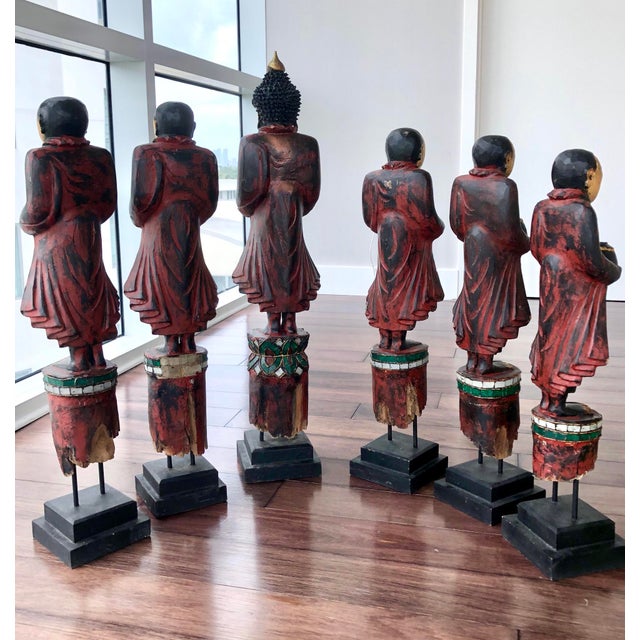 Wood Set of Six Antique Burmese Mandalay-Style Lacquered Wood Buddhist Temple Figures For Sale - Image 7 of 13