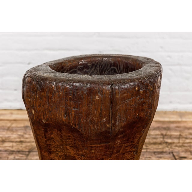 Wood 19th Century Rustic Teak Wood Mortar Urn, Antique Planter for Vintage Home Decor For Sale - Image 7 of 12
