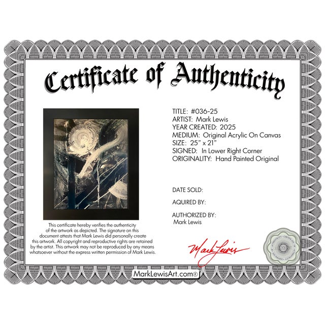 Evaluation Offered directly from the private collection of the artist’s family, this original abstract by Mark Lewis (b....