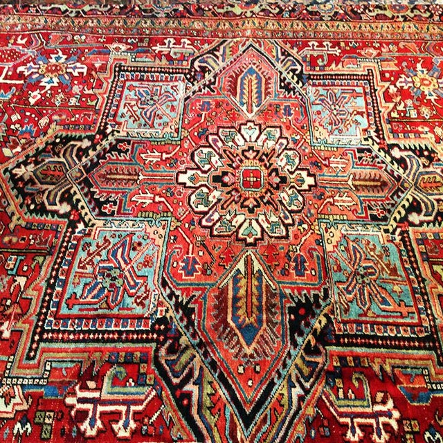 Antique Oversized Persian Heriz Serapi Rug, Hand-Knotted Wool, Geometric Pattern, Red & Navy, 10x20 For Sale In Chicago - Image 6 of 9