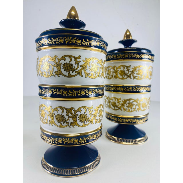 Mid-Century Vintage Cobalt Blue and Gold Italian Porcelain Jars With Lids. For Sale - Image 11 of 11